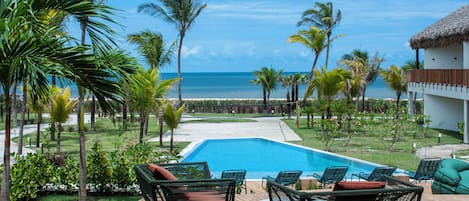Outdoor pool, pool umbrellas, pool loungers