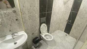 Basic-Dreibettzimmer | Badezimmer | Dusche, Handtücher, Seife, Shampoo