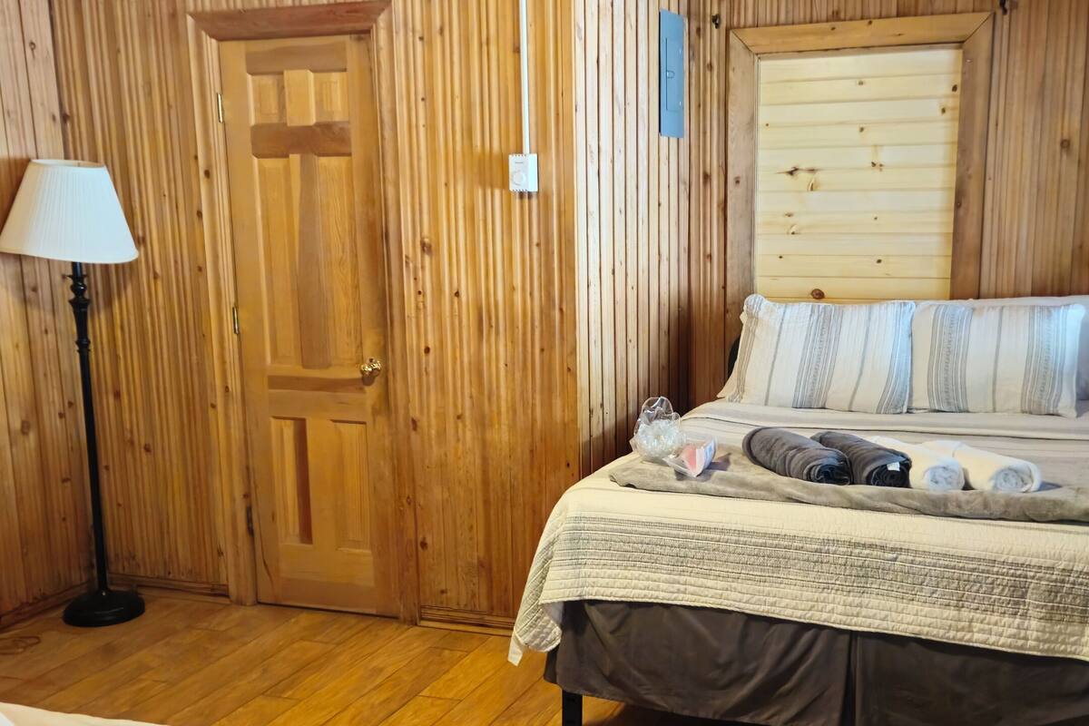 A wooden-paneled room with a bed, a bedside table, a lamp, and a ceiling fan.