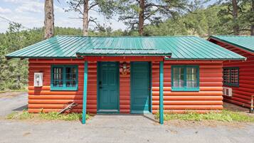 A log cabin with a green metal roof and a red exterior, featuring two green doors and windows, and a small American flag.