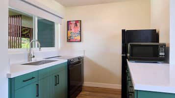 Een moderne keuken met blauwgroene kastjes, een wit aanrecht, een roestvrijstalen spoelbak, een vaatwasser en een zwarte magnetron.