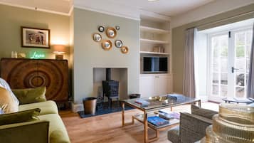 Smart TV, fireplace, books, offices