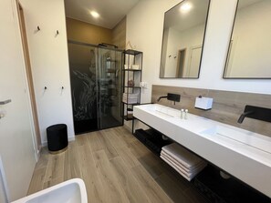 Shower, hair dryer, bidet, towels