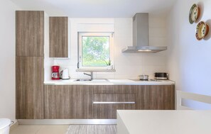 Fridge, stovetop, dishwasher, coffee/tea maker