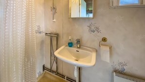 A bathroom with a white sink, a mirror, and a shower.