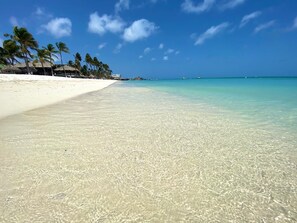 En strand med kristallklart turkost vatten, vit sand och palmer.