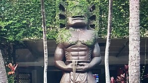 A large bronze statue of a figure with a leaf-covered head, standing in a garden with trees and plants around. - Awesome view. Walking distance to beach, restaurants, shopping (Honolulu)