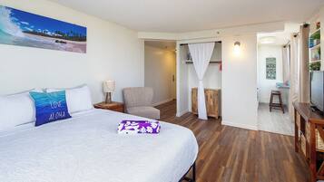 A hotel room with a large bed, a chair, a TV, and a view of the beach through a window.