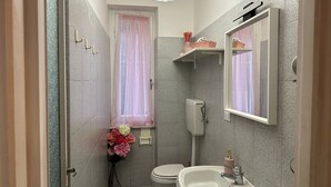 A bathroom with a toilet, sink, and shower. There is a window with a pink curtain, a vase with flowers, and a mirror on the wall. - Chiaraluce Monte Cosy Apt near best beaches (Monterosso al Mare)