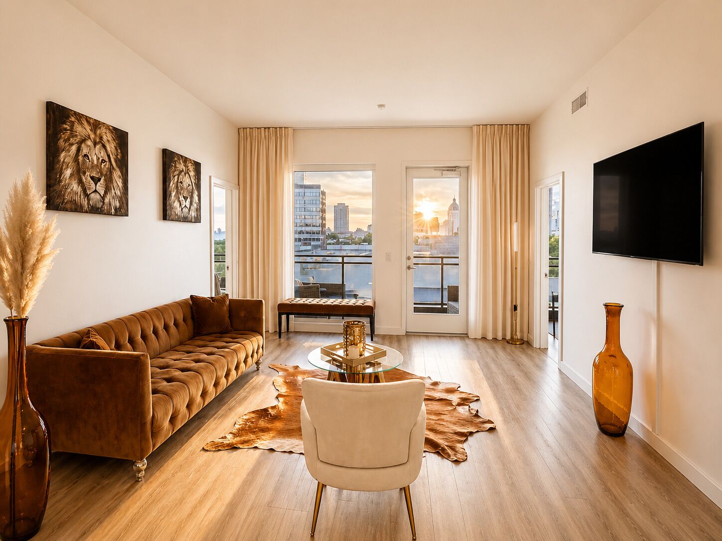 A modern living room with a sofa, a chair, a coffee table, and a TV.
