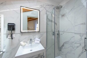 Shower, hair dryer, bidet, towels