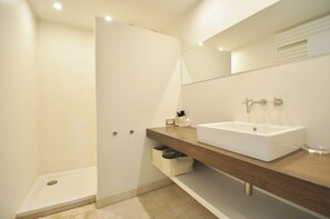 Un baño moderno con ducha integrada, un espejo grande y un mueble de tocador de madera.