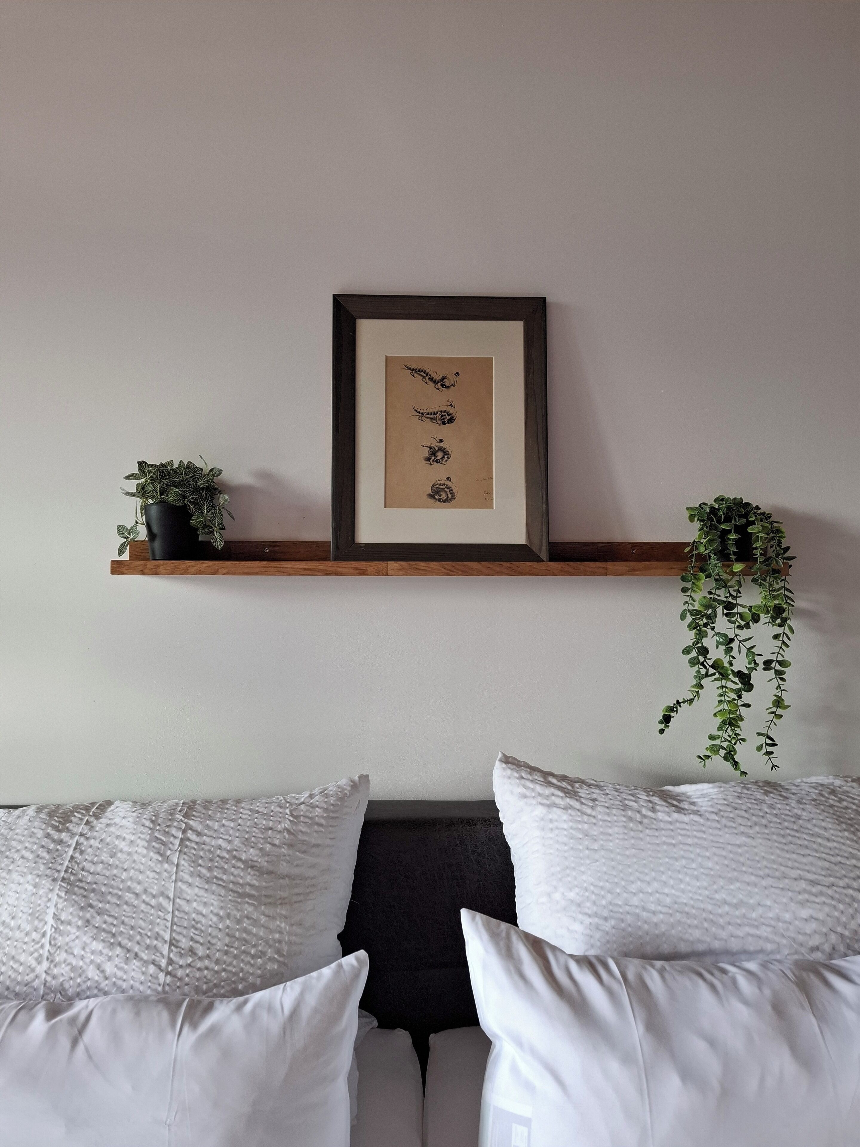 Una habitación con una cama, almohadas blancas, una obra de arte enmarcada en un estante y dos plantas en macetas.