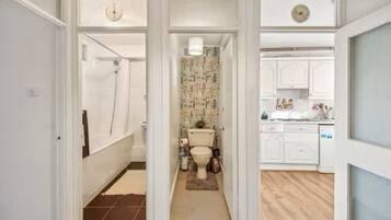 Hair dryer, bidet, towels, soap