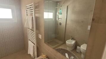 Shower, hair dryer, bidet, towels