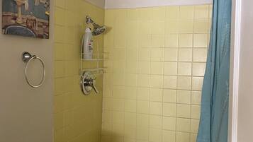 Shower, towels, soap, toilet paper