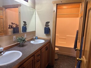 Hair dryer, towels, soap, toilet paper