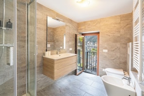Shower, hair dryer, bidet, towels