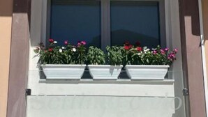 Una ventana con tres jardineras blancas llenas de flores rosadas y rojas.