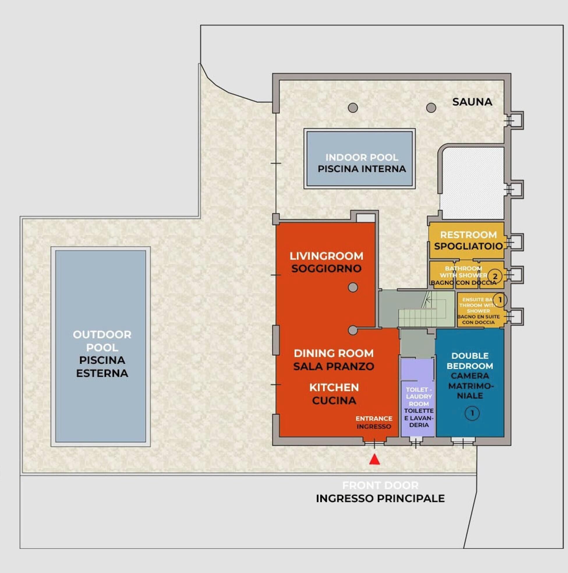 Ett hotell med planlösning som inkluderar en inomhuspool, bastu, vardagsrum, matsal, kök, badrum och en utomhuspool.