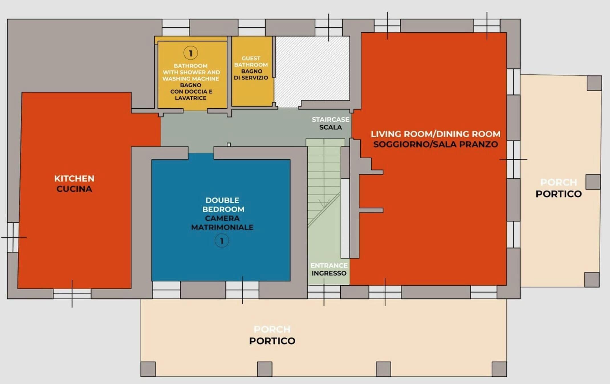A hotel layout with a kitchen, double bedroom, guest bathroom, living room/dining room, and porch.