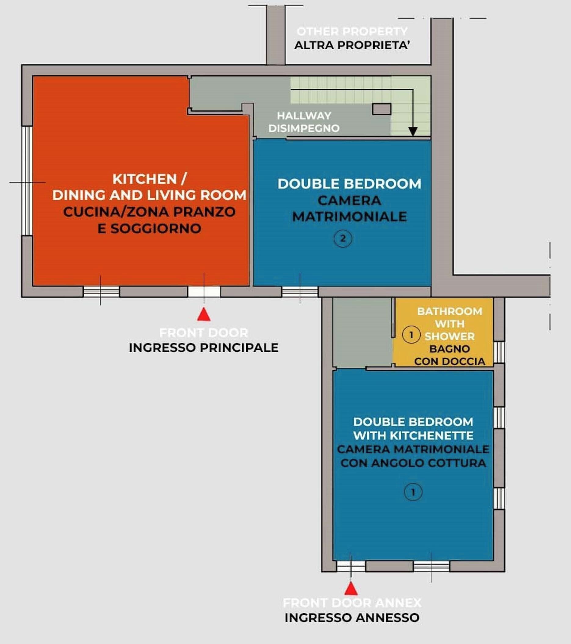 A floor plan with a kitchen/dining area, a double bedroom, a bathroom, and a front door.