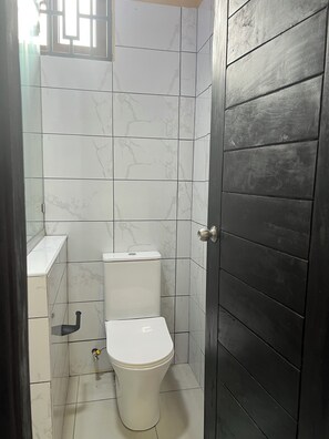 Hair dryer, towels, soap, toilet paper