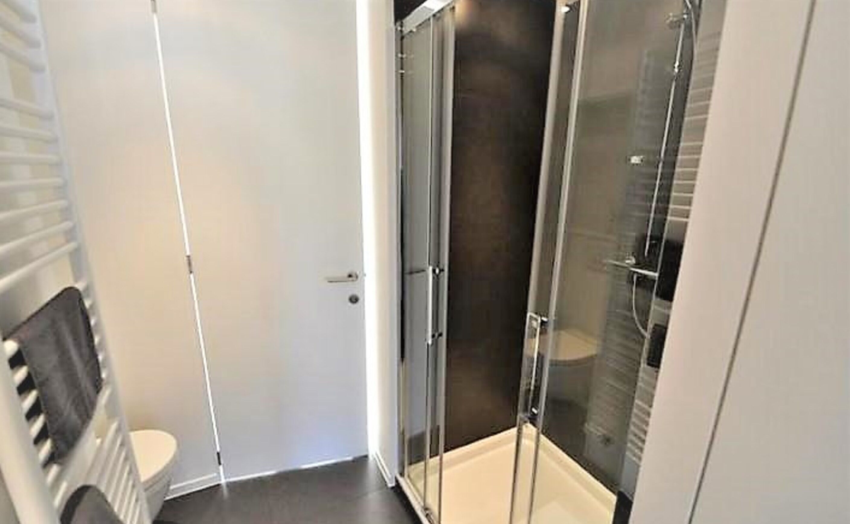 A modern bathroom with a glass shower enclosure, a toilet, and a towel rack.
