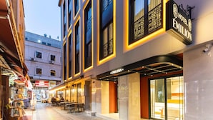 Un hotel con fachada moderna, amplias ventanas y un letrero que indica que es el Hotel Emilian.