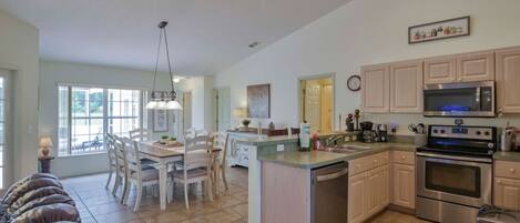 Fridge, coffee/tea maker, cookware/dishes/utensils