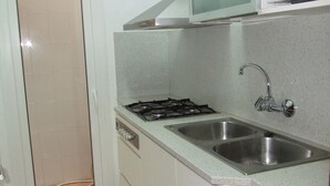Une petite cuisine équipée d’une cuisinière à gaz, de deux éviers et d’un four à micro-ondes.