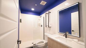 Shower, towels, soap, shampoo