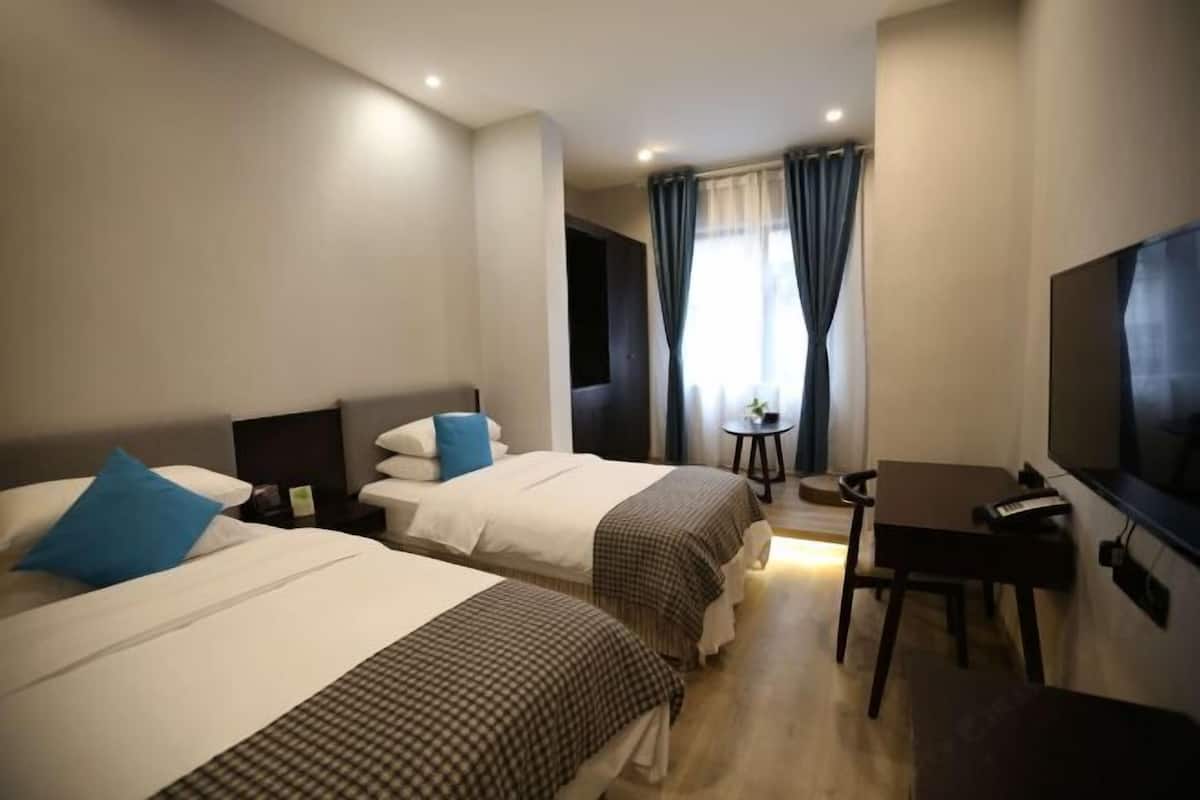 A hotel room with two beds, a desk, a chair, a TV, and a small table with a plant.