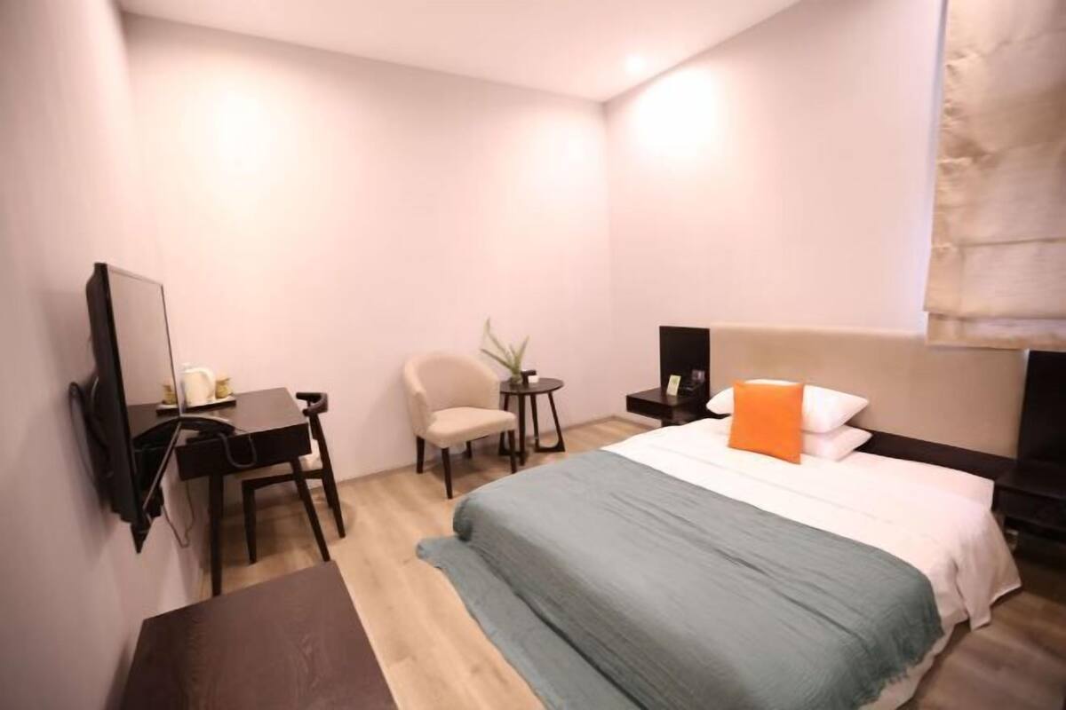 A hotel room with a bed, a desk, a chair, a small table with a plant, and a TV on a stand.