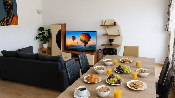 Ett modernt vardagsrum med en soffa, ett matbord dukat för frukost, en tv och en bokhylla.
