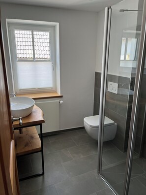 Dusche, Haartrockner, Handtücher, Seife
