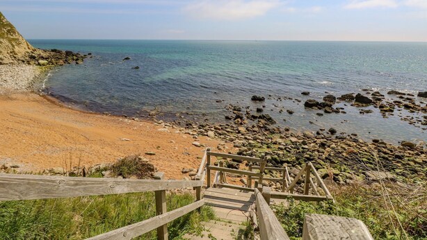 Un escalier en bois mène à une plage où l’eau est claire et le rivage est sablonneux.