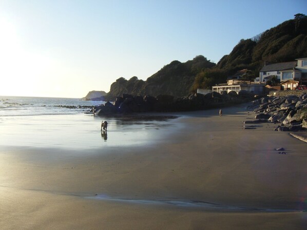 A beach with a rocky cliff, a building with a balcony, and a person walking. - Swifts (Ventnor)