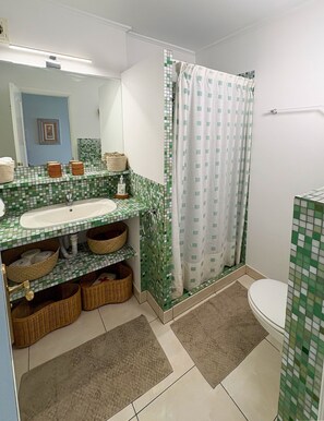 Hair dryer, towels, soap, toilet paper