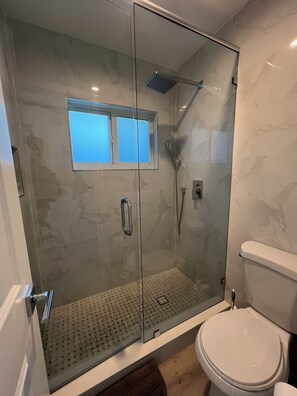 Hair dryer, towels, soap, toilet paper