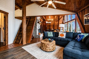 Smart TV, fireplace, foosball, books