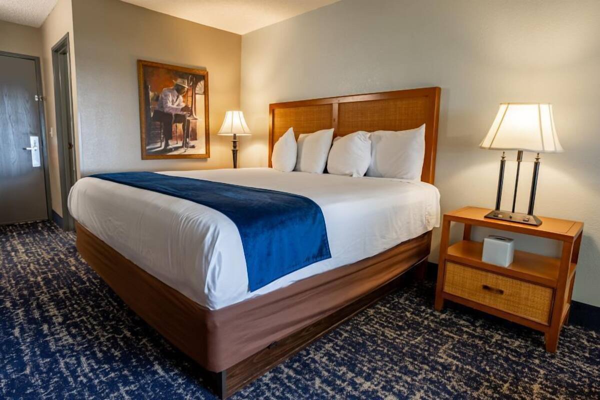 Una habitación de hotel con una cama grande, dos lámparas de noche, una mesita de noche y un cuadro en la pared.