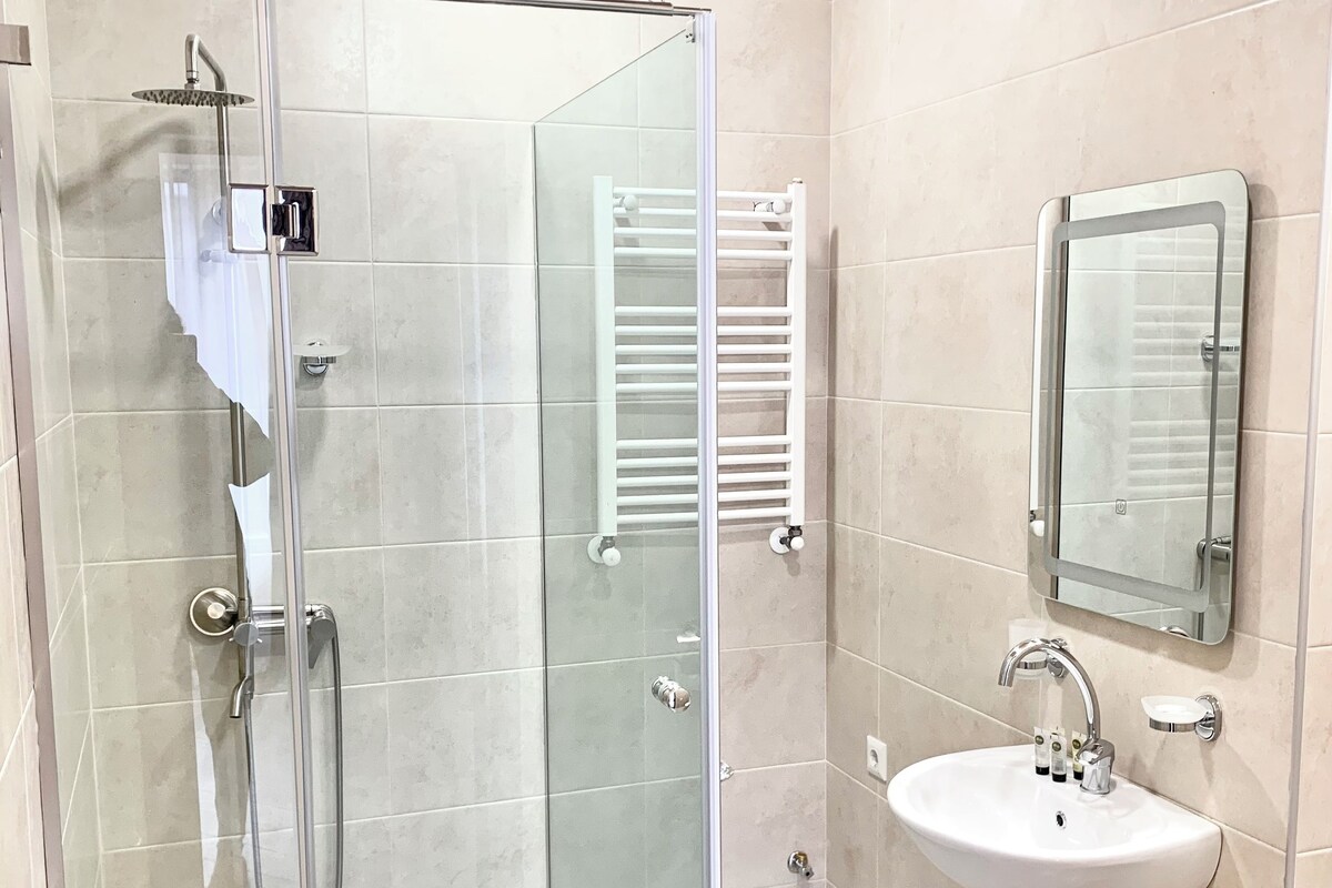 A modern bathroom with a glass-enclosed shower, a white sink, and a mirror above it.