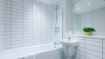 Shower, hair dryer, shampoo