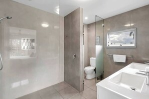 Shower, hair dryer, shampoo
