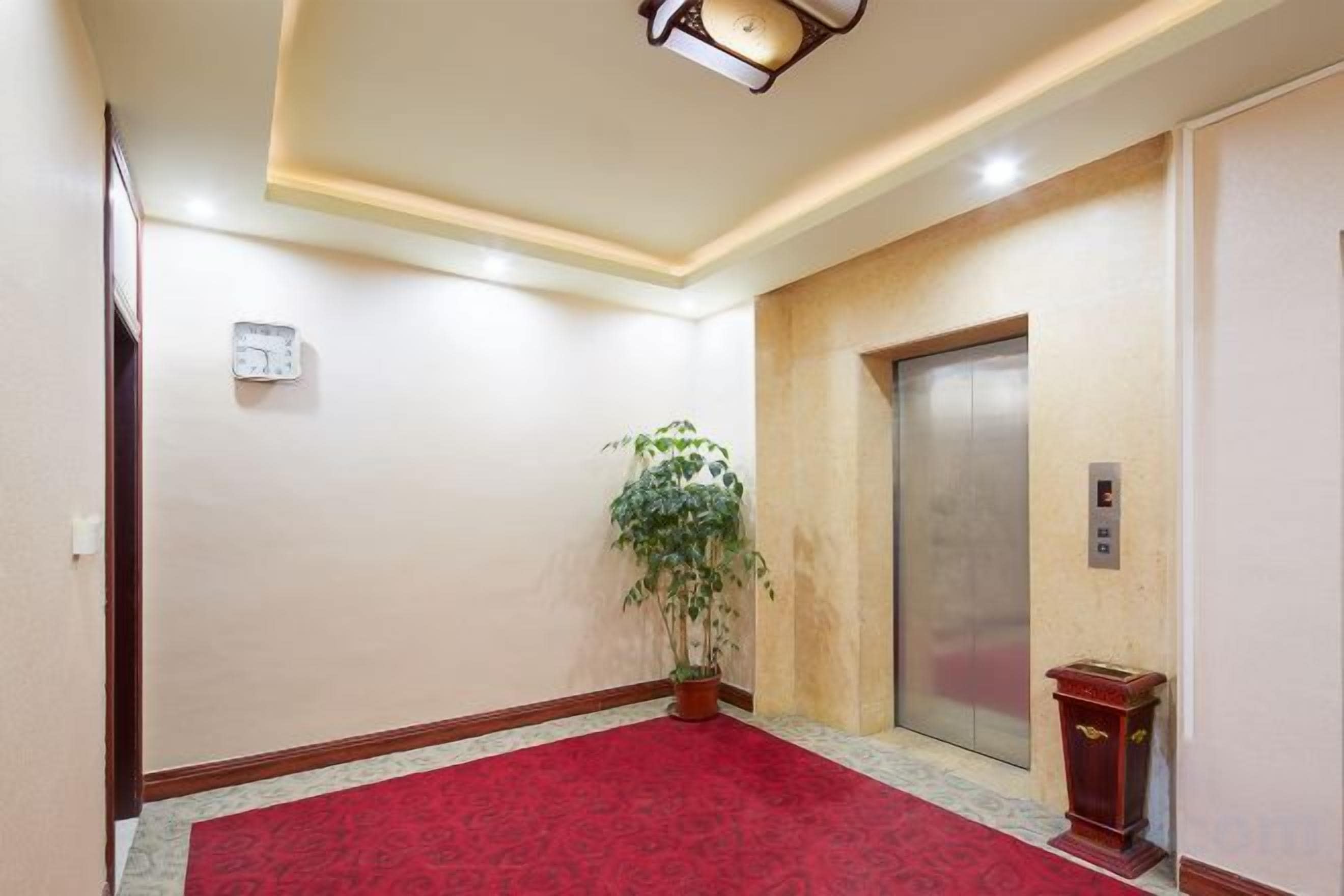 A hallway with a red carpet, an elevator, a potted plant, and a wall clock.