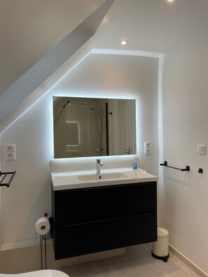 Shower, hair dryer, towels