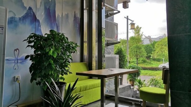 A room with a green sofa, a wooden table, and a large potted plant. - Mengxiyuan Resort Hotel (Zhangjiajie)