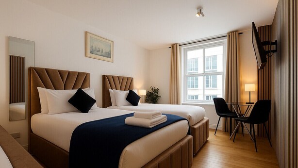 A hotel room with two beds, a desk, and a chair. - Stylish & Bright Studio in the Heart of Soho 8 (London)