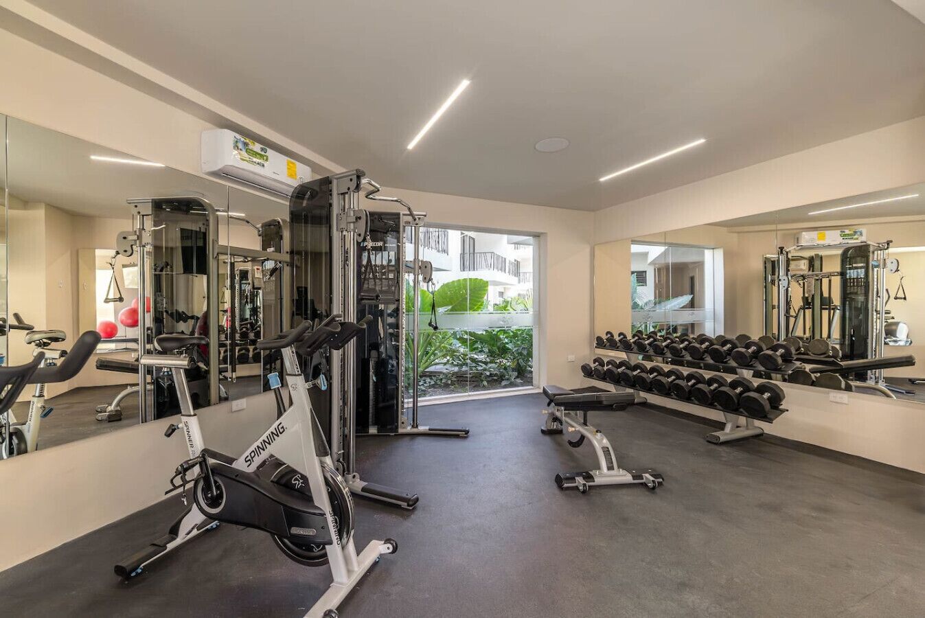 A gym with cardio machines, free weights, and a mirrored wall.